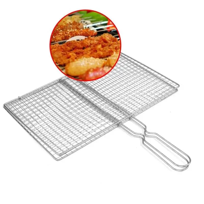 Cesta de Grelhar Triplo Antiaderente para Peixe com Alça de Metal para Churrasco ao Ar Livre