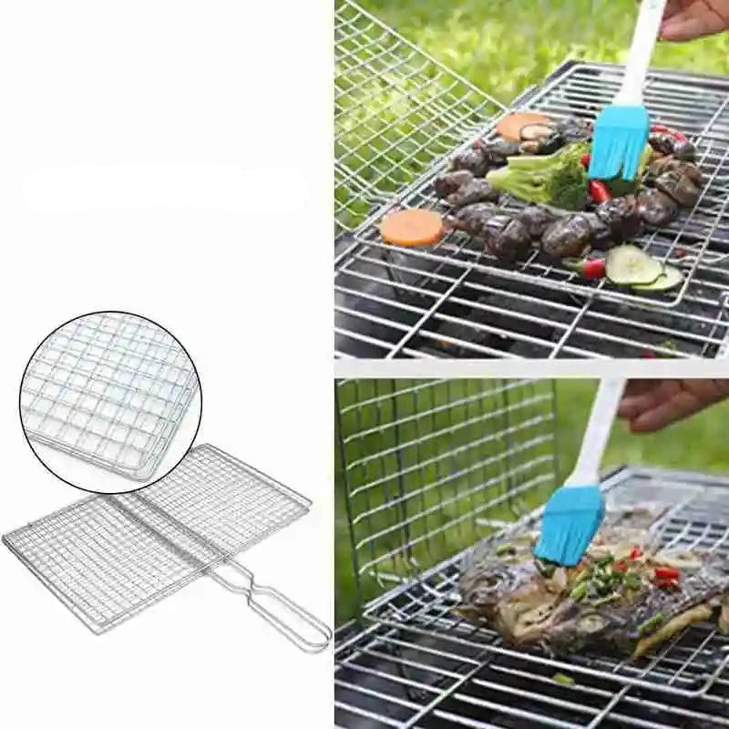 Cesta de Grelhar Triplo Antiaderente para Peixe com Alça de Metal para Churrasco ao Ar Livre