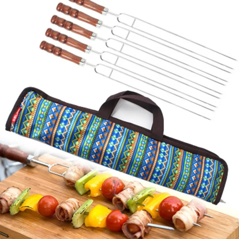 Kit 5 Garfos Churrasco com Bolsa - Espetos Portáteis para Camping e Churrasqueira