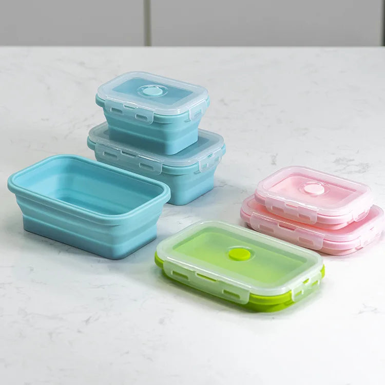 Conjunto de 4 Recipientes de Silicone Dobráveis para Alimentos. Marmitas Portáteis para Cozinha e Armazenamento de Comida