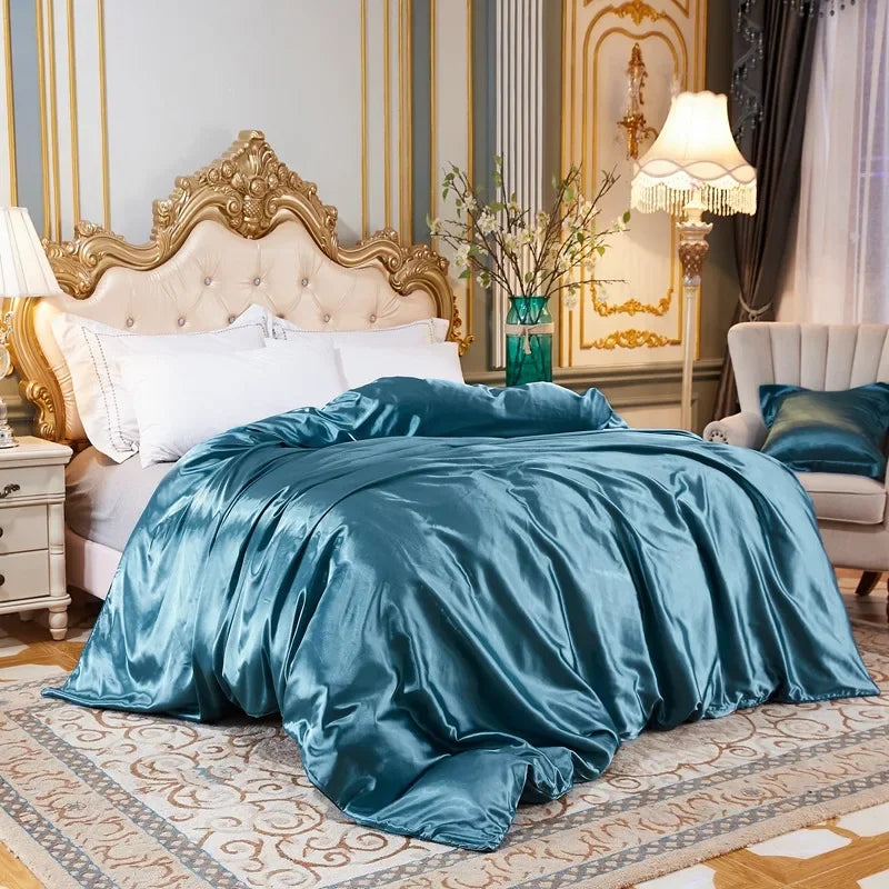 Conjunto de Cama em Cor Sólida com Capa de Seda, Lençol e Fronhas - Luxuoso Conjunto de Cetim para Cama de Casal, Queen ou Solteiro