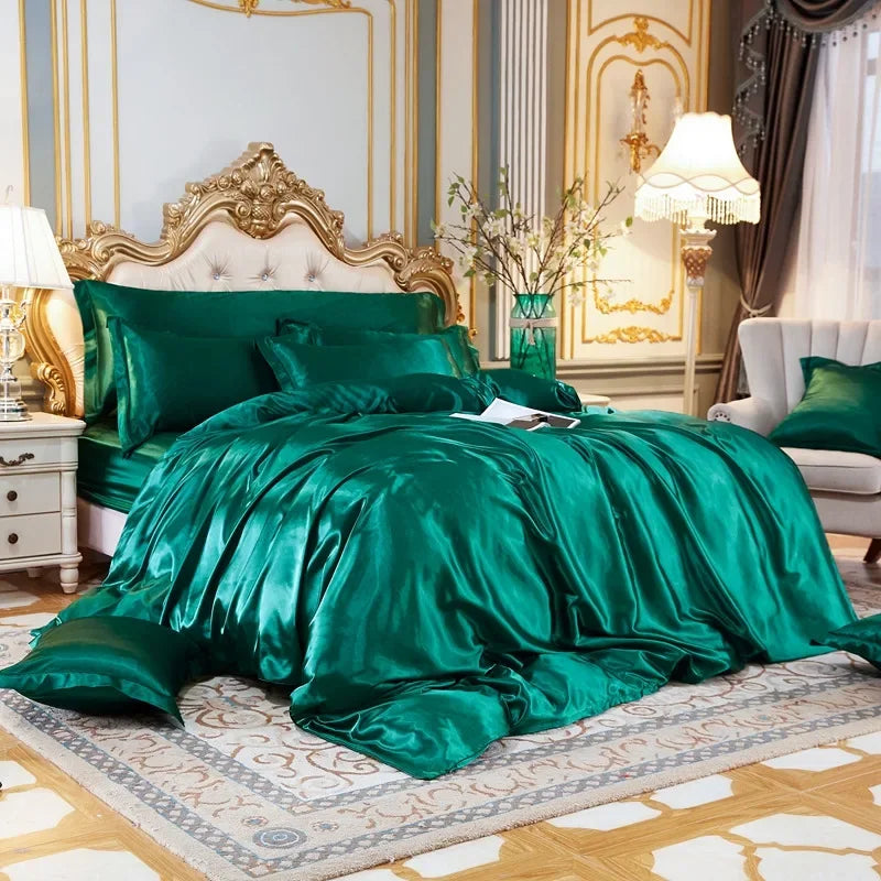 Conjunto de Cama em Cor Sólida com Capa de Seda, Lençol e Fronhas - Luxuoso Conjunto de Cetim para Cama de Casal, Queen ou Solteiro