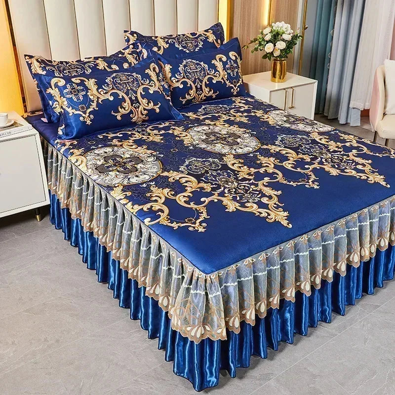 Conjunto de Lençóis com Renda Azul Royal: Elegância Clássica para Sua Cama de Casal