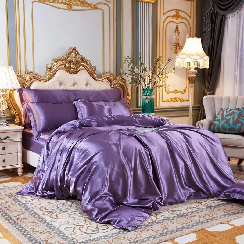 Conjunto de Cama em Cor Sólida com Capa de Seda, Lençol e Fronhas - Luxuoso Conjunto de Cetim para Cama de Casal, Queen ou Solteiro