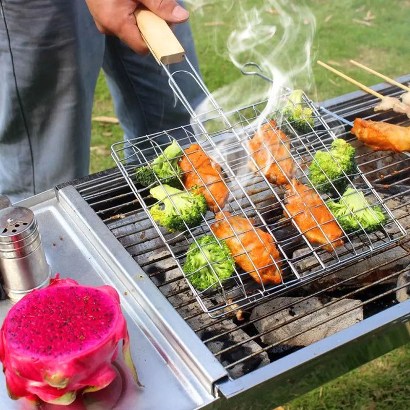 Rede de Churrasco em Aço Inoxidável - Cesta para Peixes, Camarão e Legumes - Ferramenta de Grelha para Churrasco Dobráve