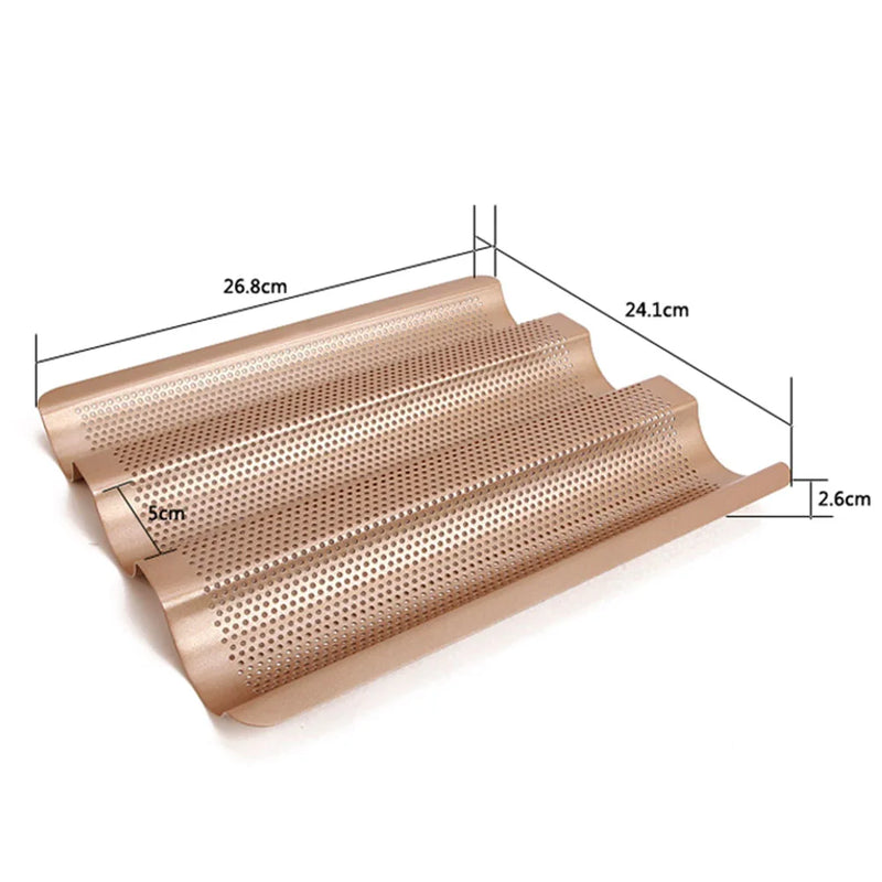 Forma para Pão Francês com 3 Slots e Ondas, Antiaderente, em Aço Carbono para Assar em Casa