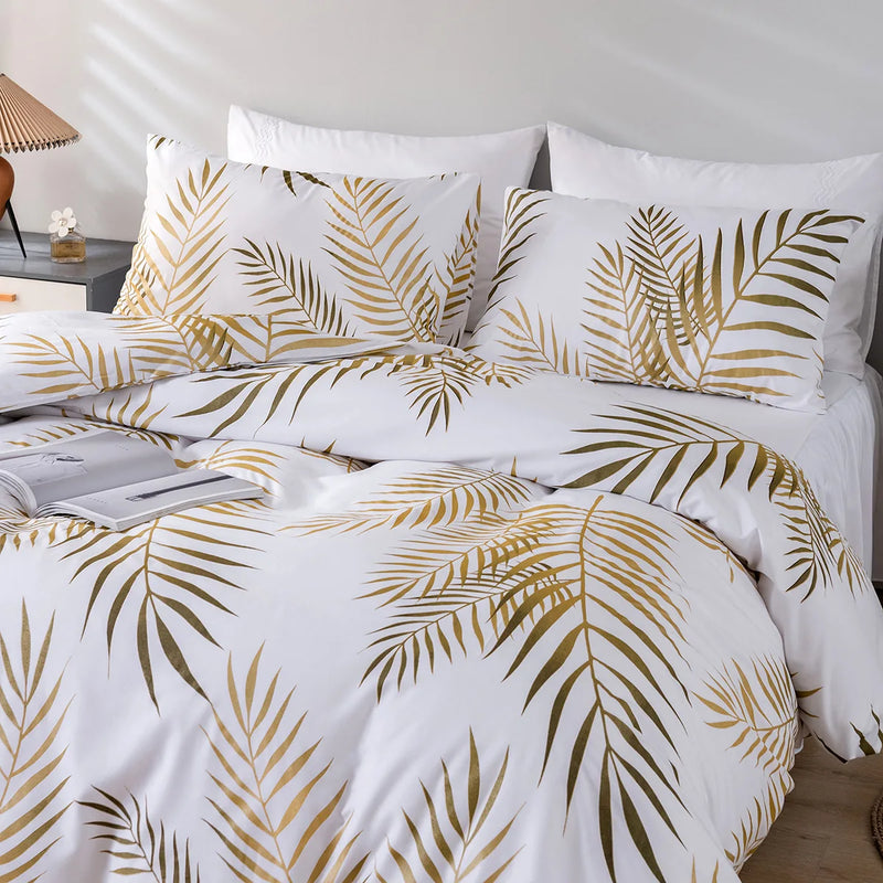 Conjunto de Roupa de Cama com Estampa de Folhas Tropicais em Tamanho King, Queen, Casal, Solteiro - Lençol Dourado com Brilho de Luz - Conjunto de Cama