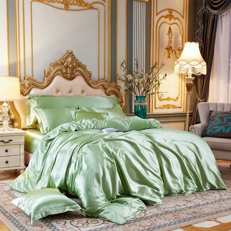 Conjunto de Cama em Cor Sólida com Capa de Seda, Lençol e Fronhas - Luxuoso Conjunto de Cetim para Cama de Casal, Queen ou Solteiro