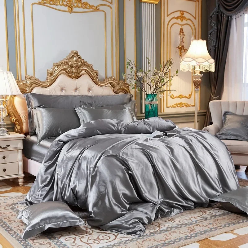 Conjunto de Cama em Cor Sólida com Capa de Seda, Lençol e Fronhas - Luxuoso Conjunto de Cetim para Cama de Casal, Queen ou Solteiro