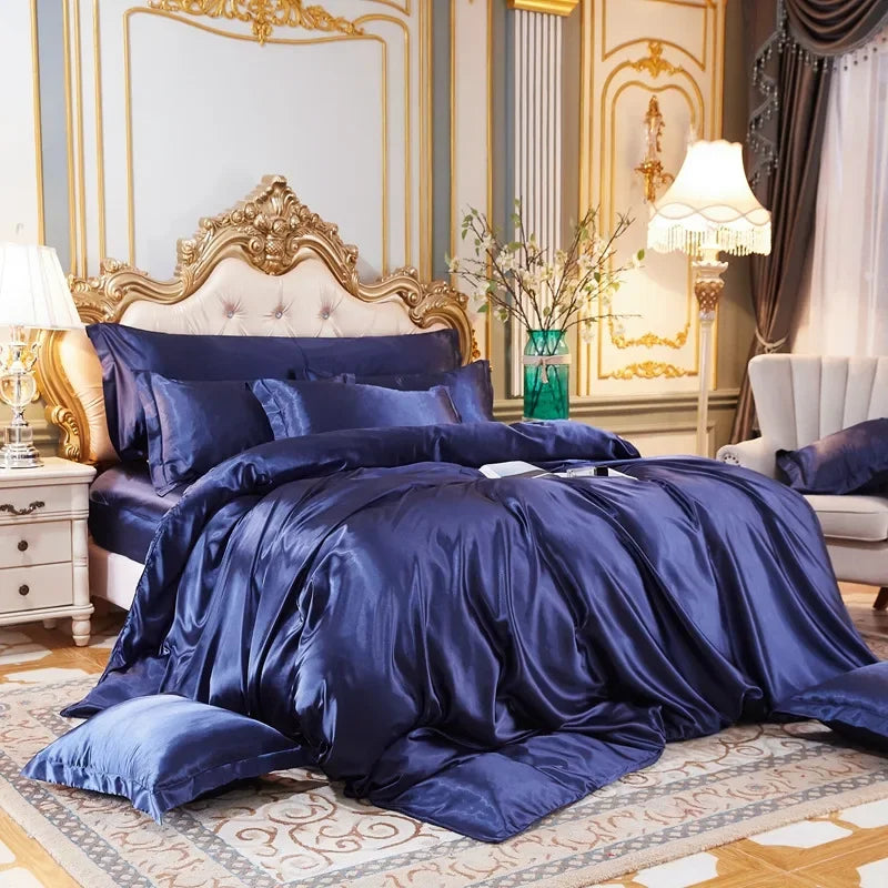 Conjunto de Cama em Cor Sólida com Capa de Seda, Lençol e Fronhas - Luxuoso Conjunto de Cetim para Cama de Casal, Queen ou Solteiro