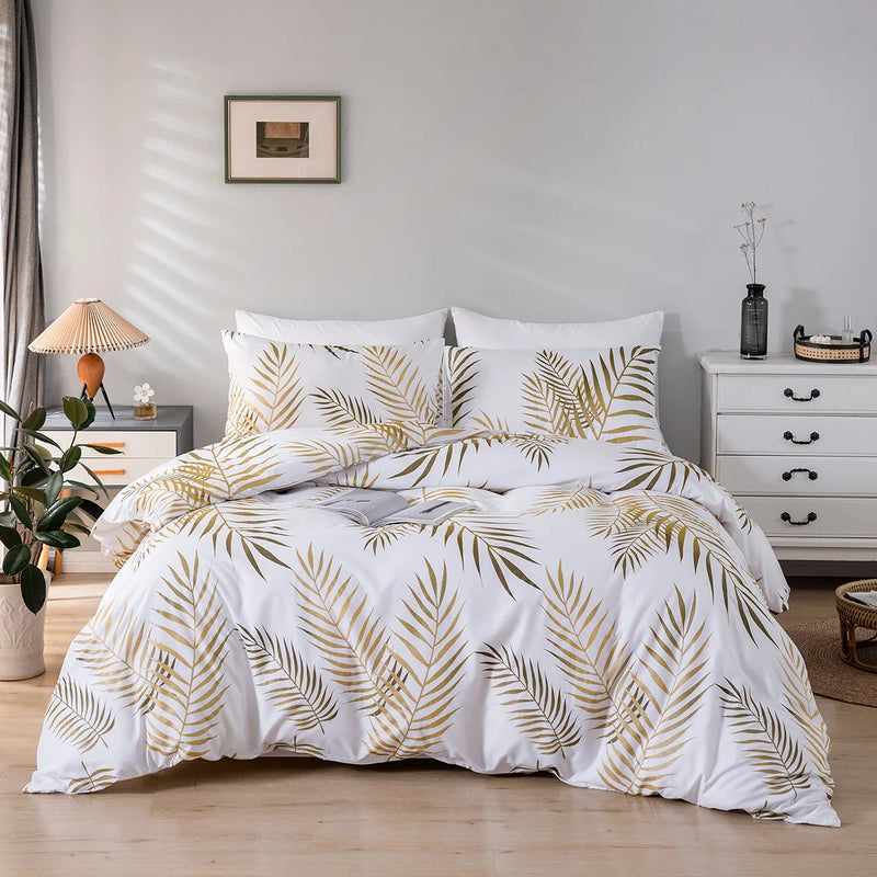 Conjunto de Roupa de Cama com Estampa de Folhas Tropicais em Tamanho King, Queen, Casal, Solteiro - Lençol Dourado com Brilho de Luz - Conjunto de Cama