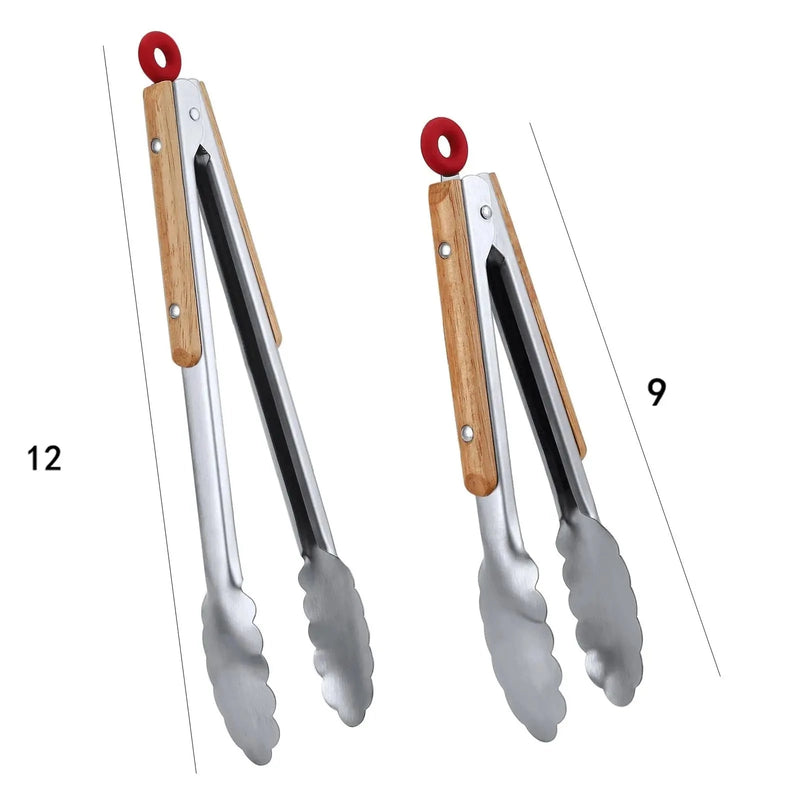 Pinças de Cozinha em Aço Inoxidável 9" e 12" - Pinças com Cabos de Madeira para Churrasco e Panelas