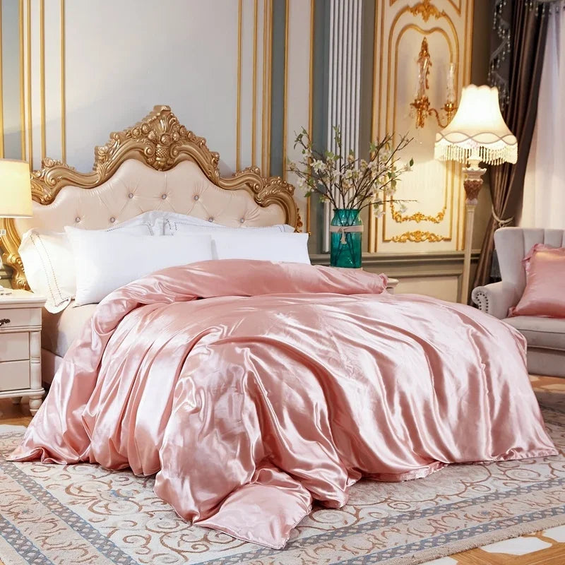 Conjunto de Cama em Cor Sólida com Capa de Seda, Lençol e Fronhas - Luxuoso Conjunto de Cetim para Cama de Casal, Queen ou Solteiro