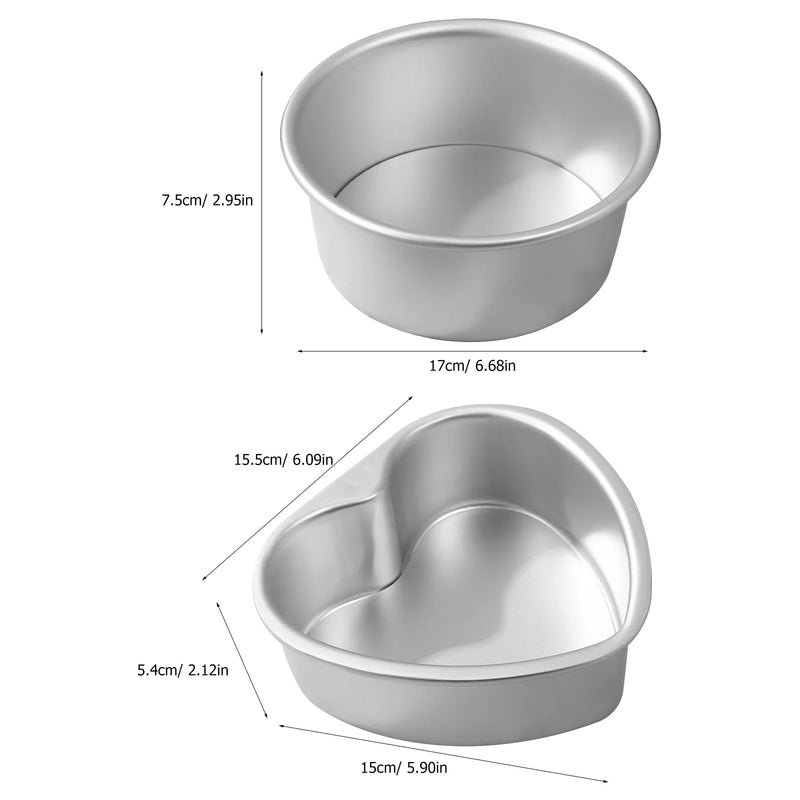 Conjunto 2 Formas de Bolo em Alumínio Anodizado 6 Polegadas, Moldes em Formato de Coração e Redondo